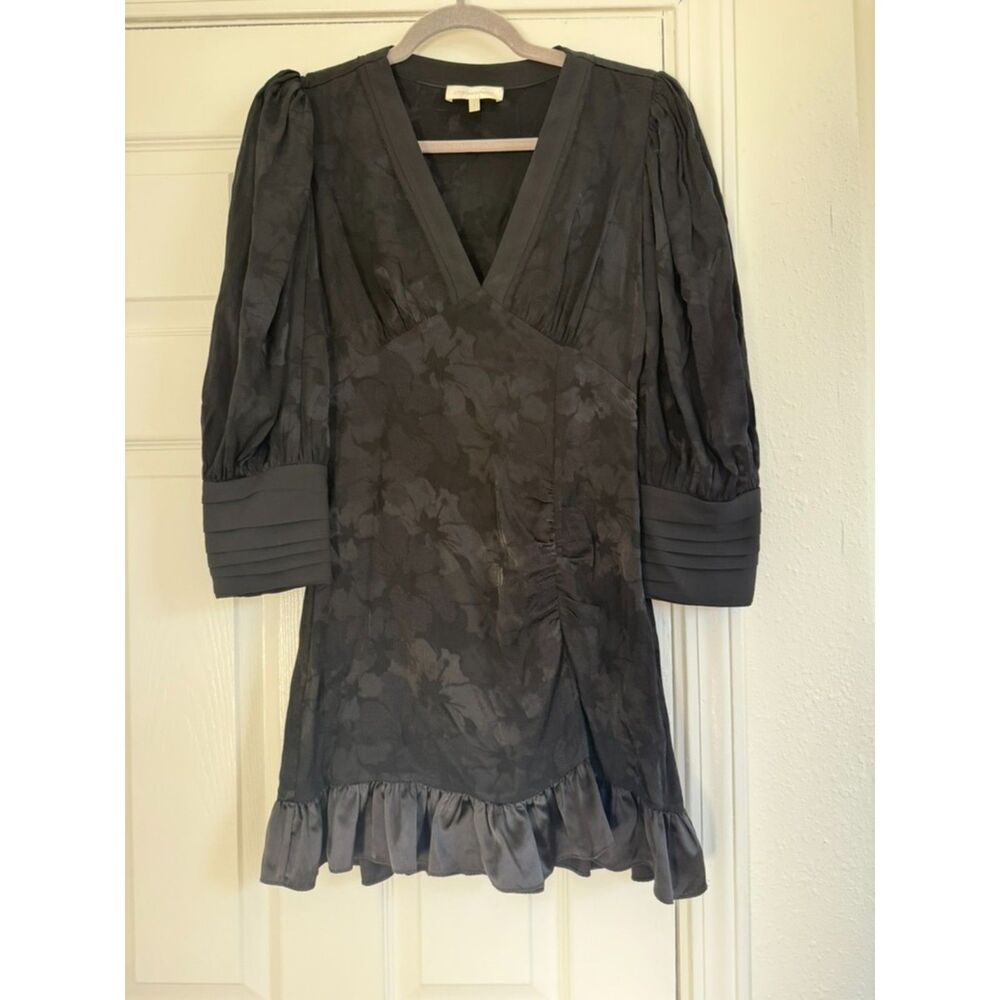 LoveShackFancy Revaline Mini Dress Women's 4 Black Ruched Ruffle Hem $445 - Picture 2 of 4